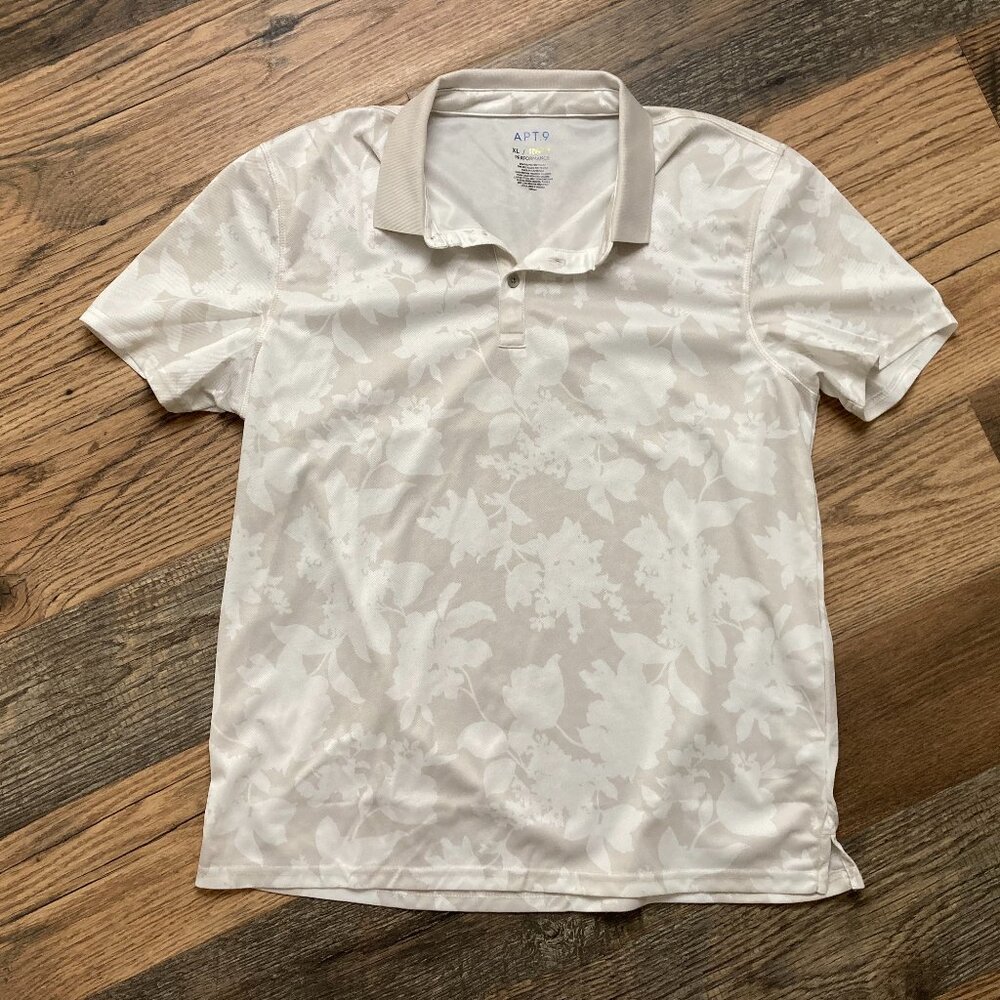 Apt. 9 Men's XL Premier Flex Performance Polo Shirt Neutral Floral Print EUC